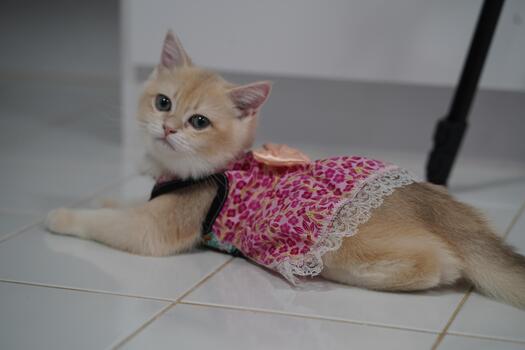 Adorable fluffy kitten in a cute pink leopard print dress lounging on a tiled floor with curious expression and soft fur texture photo