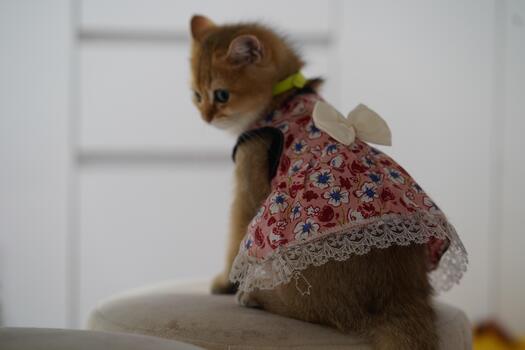 Cute fluffy kitten in a colorful flower-patterned dress poses elegantly on a soft chair, showcasing its playful and charming personality in indoor setting. photo
