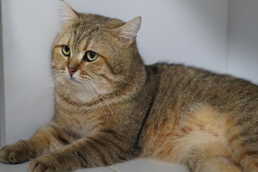 Domestic Cat with Striking Eyes Relaxing Calmly in Indoor Environment, Showcasing Soft Fur and Gentle Expression on Its Face photo