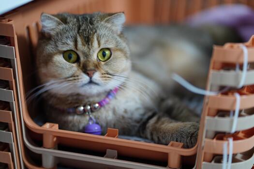 curioso gato mirando desde mascota portador con brillante verde ojos y juguetón expresión en acogedor interior ajuste con calentar color tonos foto