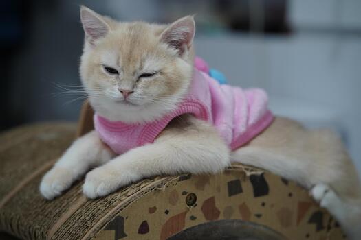 Fluffy Cat in Pink Sweater Relaxing on a Cardboard Scratching Post in a Cozy Indoor Setting with Soft Natural Light photo