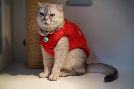 Cute and Playful Cat Dressed in Red Sweater Sitting Gracefully in Cozy Indoor Space with Soft Lighting and Cat Scratching Post in Background photo