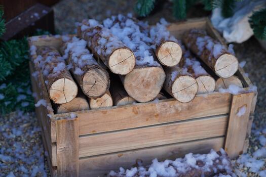 Stacked Logs in Wooden Crate with Snowy Frost Displaying Rustic Charm for Seasonal Decor and Winter Themed Photography Options in Natural Settings photo