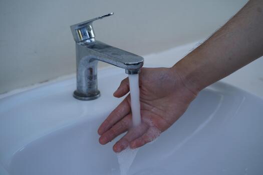 Close-up of a Human Hand Catching Flowing Water from a Modern Faucet in a Bright Bathroom Setting with Soap Bubbles in the Background photo