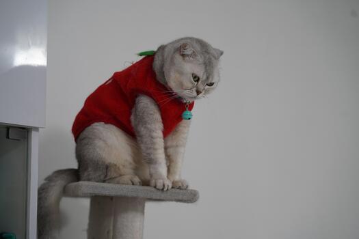 juguetón gris gato en rojo suéter sentado en gato árbol con calma expresión en acogedor interior espacio foto