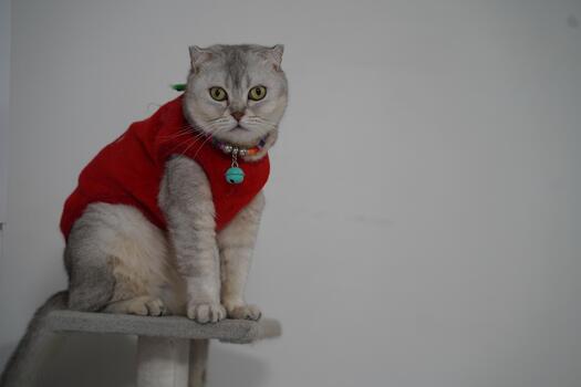 Cat in Sweater Sitting on Cat Tree with Calm Expression and Alert Eyes, Indoor Setting with Soft Lighting and Neutral Background photo
