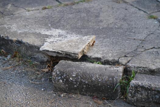 Cracked and Uneven Concrete Sidewalk with Exposed Edges and Grass Growing in Gaps on a Pathway photo