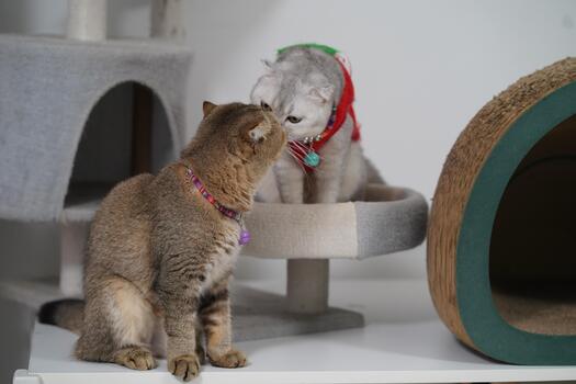 Playful cats enjoying friendship in a cozy indoor setting with scratching posts and toys, captured in a moment of affection and tenderness. photo