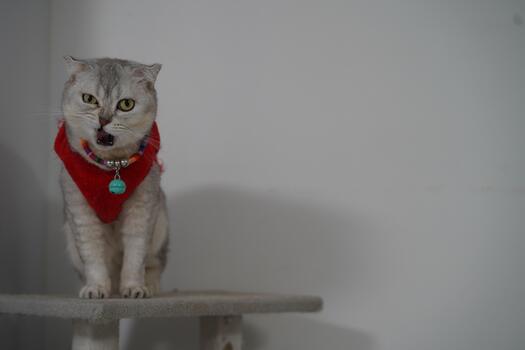 juguetón gato en rojo pañuelo sentado en gato árbol con único expresiones y encantador caracteristicas en un brillante interior ajuste foto