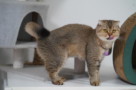 Cute domestic cat stands on a cat tree licking its nose in a cozy indoor environment with soft lighting and playful decor elements surrounding it photo