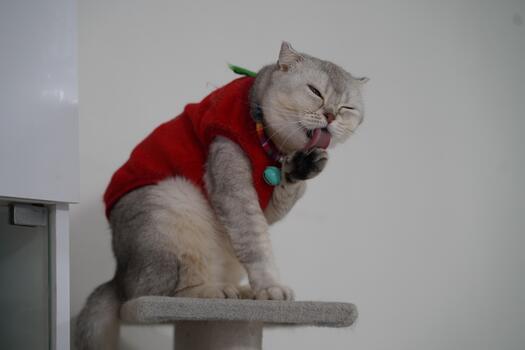 Cute gray cat in red sweater cleaning paw while sitting on scratching post with joyful expression and playful demeanor in cozy indoor environment photo