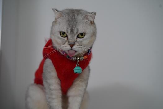 Adorable gray cat with distinctive features wearing a red sweater, sitting gracefully against a neutral background, showcasing playful personality and charm photo