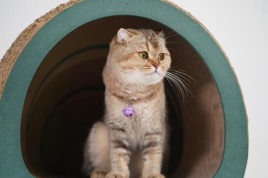 Doméstico gato sentado dentro un circular en forma de túnel escondite, exhibiendo sus linda caracteristicas y curioso expresión en un acogedor interior ambiente foto