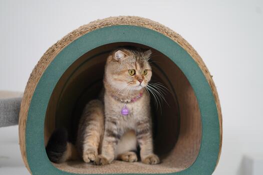 Cat Sitting Inside a Cozy Scratching Post Tunnel with a Relaxed Pose and a Collar in a Bright Indoor Setting photo
