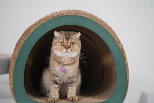 Doméstico gato sentado dentro un moderno gato túnel con un acogedor y juguetón expresión en un brillante interior ambiente, capturar el esencia de felino comodidad foto