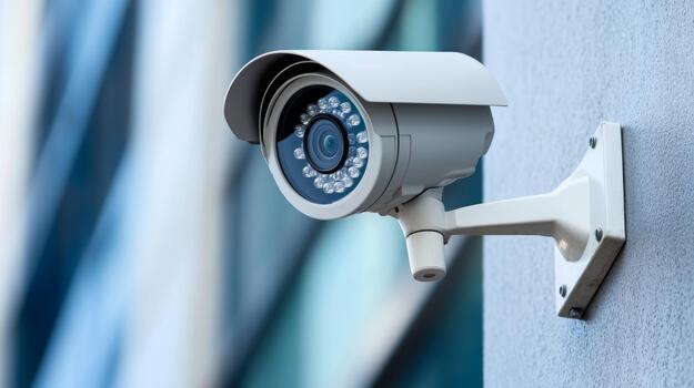 A high-angle shot of a modern white CCTV camera mounted on a gray concrete wall, blending into the urban environment with clean, sharp lines photo