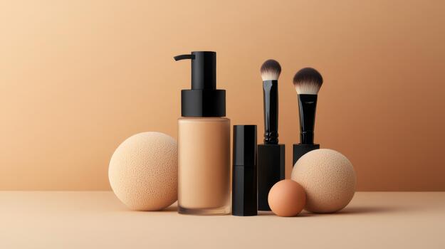 A high-resolution image of a luxurious foundation bottle with a pump, elegantly positioned next to makeup sponges and brushes for a complete beauty routine photo