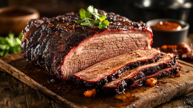 A raw beef brisket with a deep red color and visible fat cap, placed on a wooden surface with simple garnishing, ready for slow cooking photo