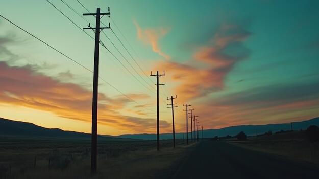 A row of utility poles silhouetted against a vibrant sunset sky, with colorful clouds adding depth and drama to the scene, emphasizing the power of nature photo