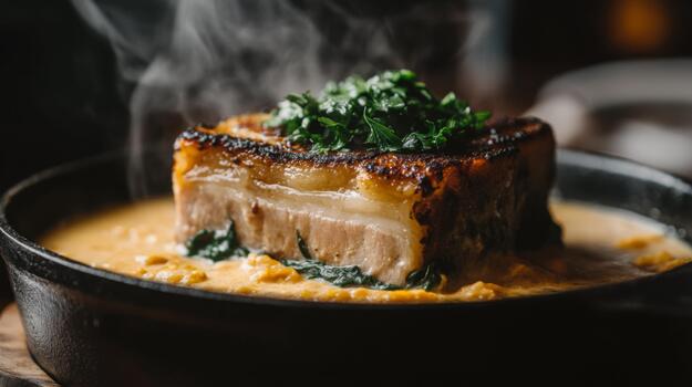 un rústico imagen de cocido a fuego lento Cerdo barriga en un sabroso salsa, burbujeante en un hierro fundido maceta, exhibiendo el Rico sabores y oferta textura foto