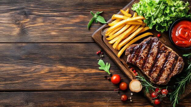 A rustic setting featuring a hearty steak dinner, complete with a side of crispy fries and a fresh salad, presented on a wooden table with warm lighting photo