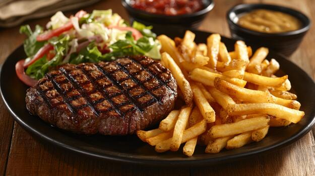 A rustic setting featuring a hearty steak dinner, complete with a side of crispy fries and a fresh salad, presented on a wooden table photo