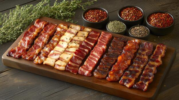 A rustic wooden board displaying a selection of different types of bacon, including thick-cut and flavored varieties, surrounded by fresh herbs and spices photo