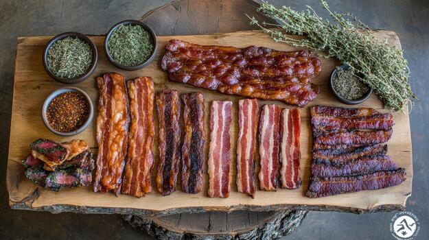 A rustic wooden board displaying a selection of different types of bacon, including thick-cut and flavored varieties, surrounded by fresh herbs photo