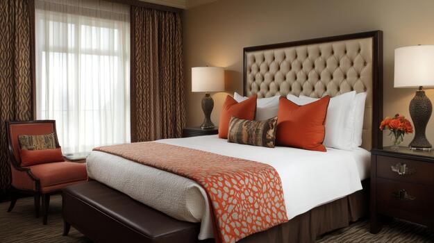 A serene bedroom featuring a large, cozy bed with soft linens, a stylish headboard, and ambient lighting, creating a tranquil atmosphere perfect for relaxation photo