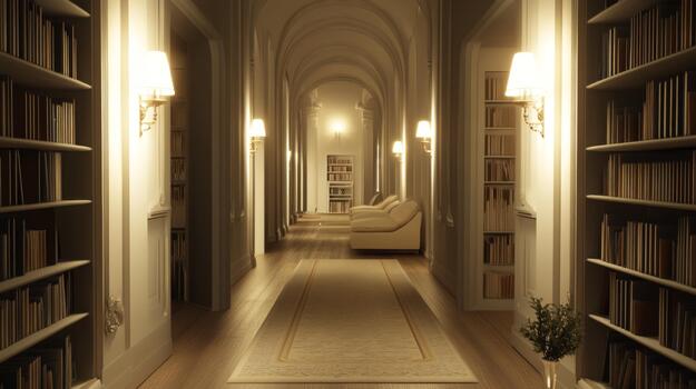 A serene hallway lined with bookshelves, soft lighting, and a comfortable reading nook at the end, creating an inviting photo