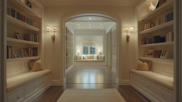 A serene hallway lined with bookshelves, soft lighting, and a comfortable reading nook at the end, creating an inviting space photo