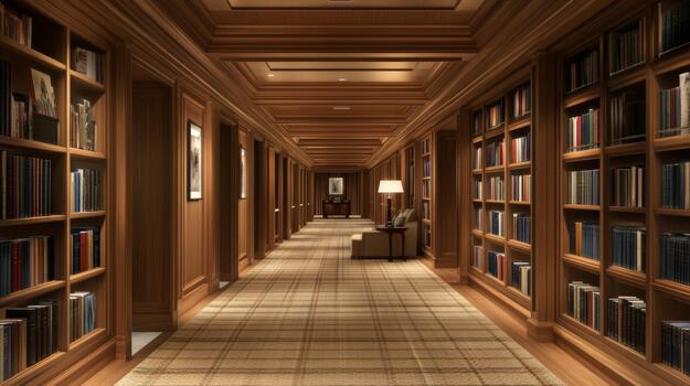 A serene hallway lined with bookshelves, soft lighting, and a comfortable reading nook at the end, creating an inviting space for relaxation and leisure photo