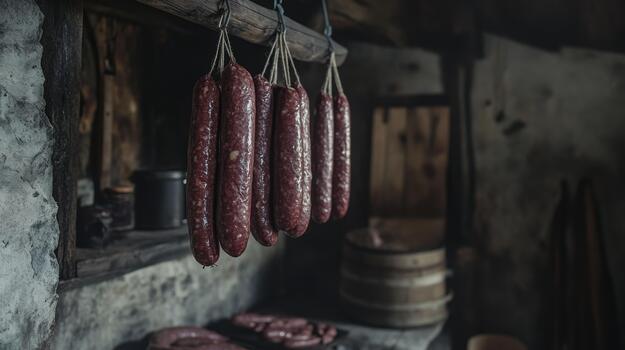 A serene image of sausages hanging in a traditional smokehouse, with a rustic background, capturing the artisanal process photo