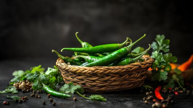 A serene image of fresh green chilies resting in a woven basket, surrounded by spices and aromatic herbs, capturing the essence of traditional cooking photo