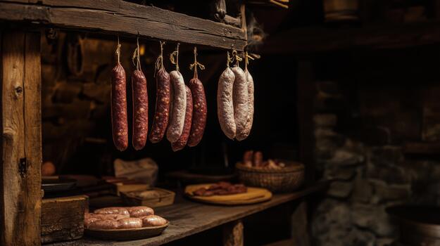 A serene image of sausages hanging in a traditional smokehouse, with a rustic background, capturing the artisanal process of sausage-making photo