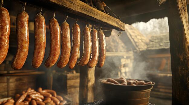 A serene image of sausages hanging in a traditional smokehouse, with a rustic background, capturing the artisanal process of sausage-making and smoking photo