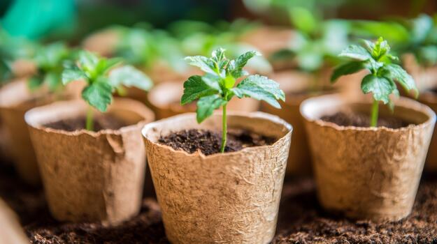 A shot of young trees growing in biodegradable pots arranged neatly on the ground, ready for planting in a reforestation project photo