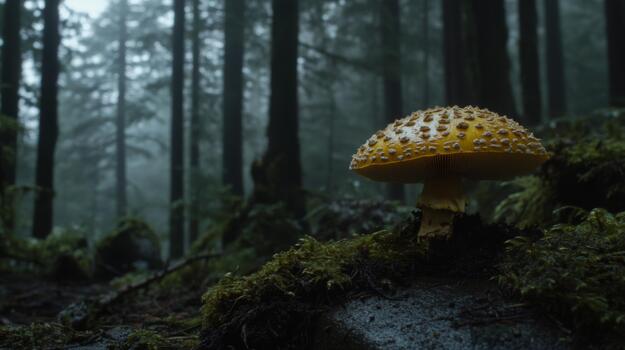 A single large mushroom with intricate patterns on its cap, adorned with droplets of water, placed on a mossy stone in a serene forest setting photo