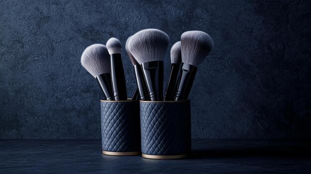 A sophisticated collection of makeup brushes in elegant holders, set against a dark background, showcasing the essential tools for creating photo