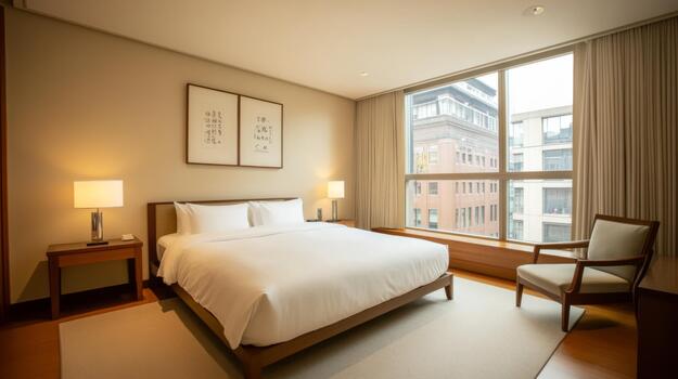 A spacious bedroom with a minimalist design, featuring a king-size bed, neutral decor, and large windows for an airy, open feel photo