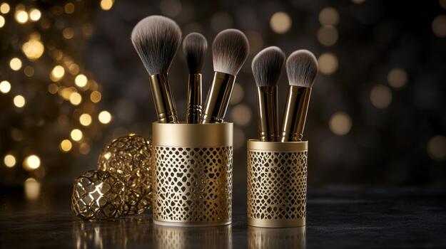 A sophisticated collection of makeup brushes in elegant holders, set against a dark background, showcasing the essential tools for creating stunning looks photo