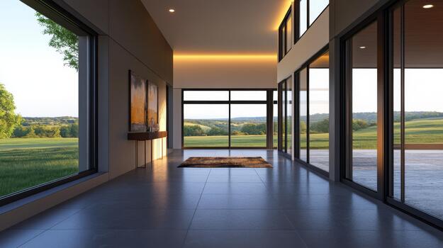 A spacious modern hallway featuring sleek design elements, large windows allowing natural light to flood in, and a stylish rug adding a pop of color photo