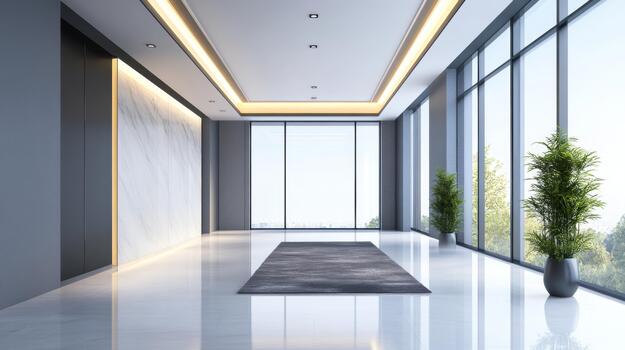 A spacious modern hallway featuring sleek design elements, large windows allowing natural light to flood in, and a stylish rug adding photo