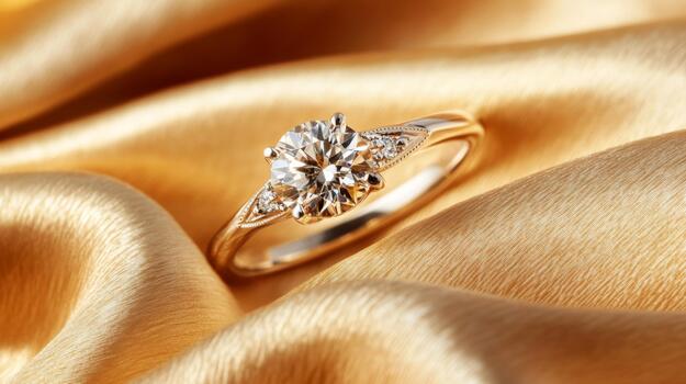 A sparkling diamond ring sitting on a luxurious gold fabric, with soft lighting highlighting the intricate photo