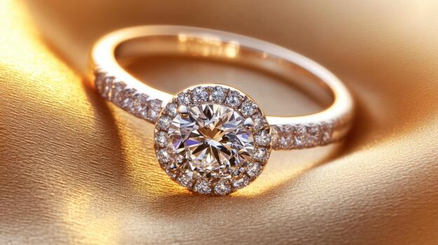 A sparkling diamond ring sitting on a luxurious gold fabric, with soft lighting highlighting the intricate details of the ring photo