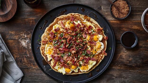 A top-down view of a hearty breakfast plate with scrambled eggs, crispy bacon, and fluffy pancakes drizzled with maple syrup, set on a rustic wooden table photo