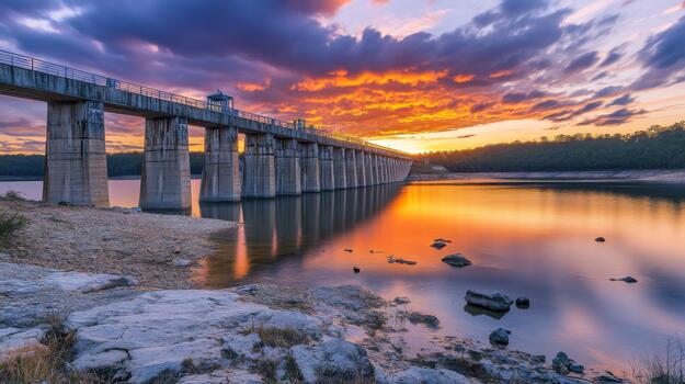 A tranquil sunset view of a reservoir dam, with warm hues of orange and purple reflecting on the water's surface, creating a peaceful atmosphere photo