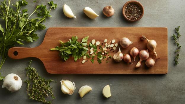 A vibrant arrangement of shallots and garlic on a wooden cutting board, with herbs and spices scattered around, creating an inviting kitchen atmosphere photo