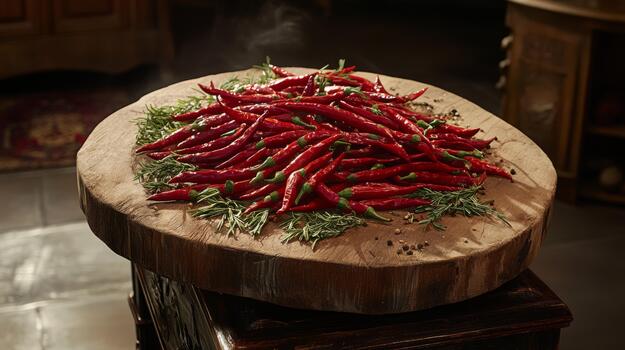 A vibrant assortment of fresh red and green chilies arranged on a rustic wooden cutting board, surrounded by spices and herbs, creating photo