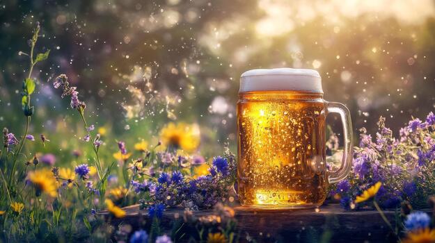 A vibrant image of an ice-cold beer in a mason jar, with condensation beading on the surface, set against a rustic picnic backdrop with wildflowers photo